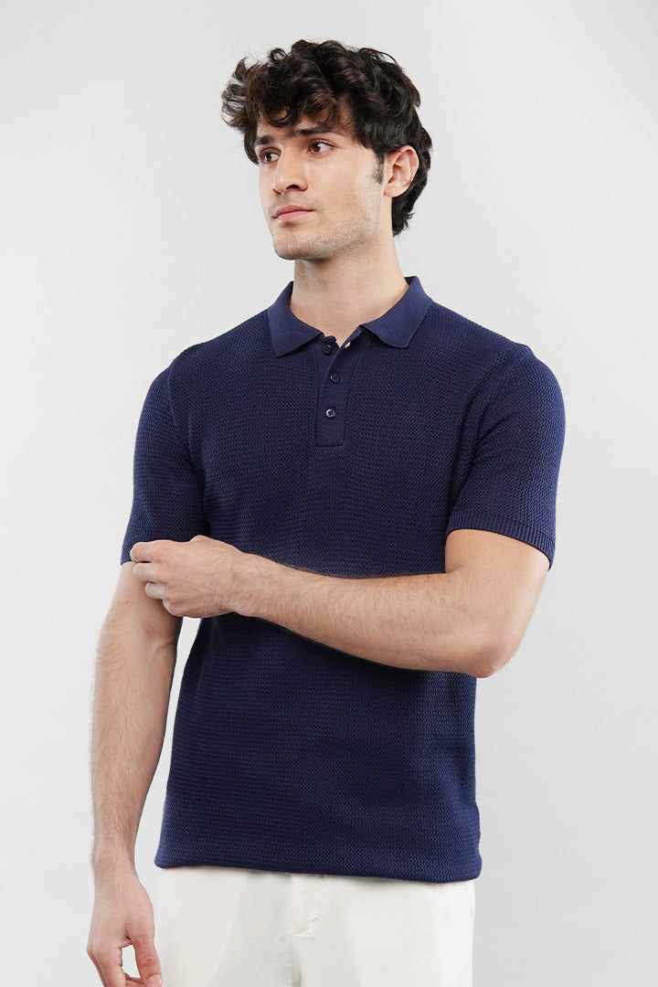 Knitted Polo Shirt - Navy Blue