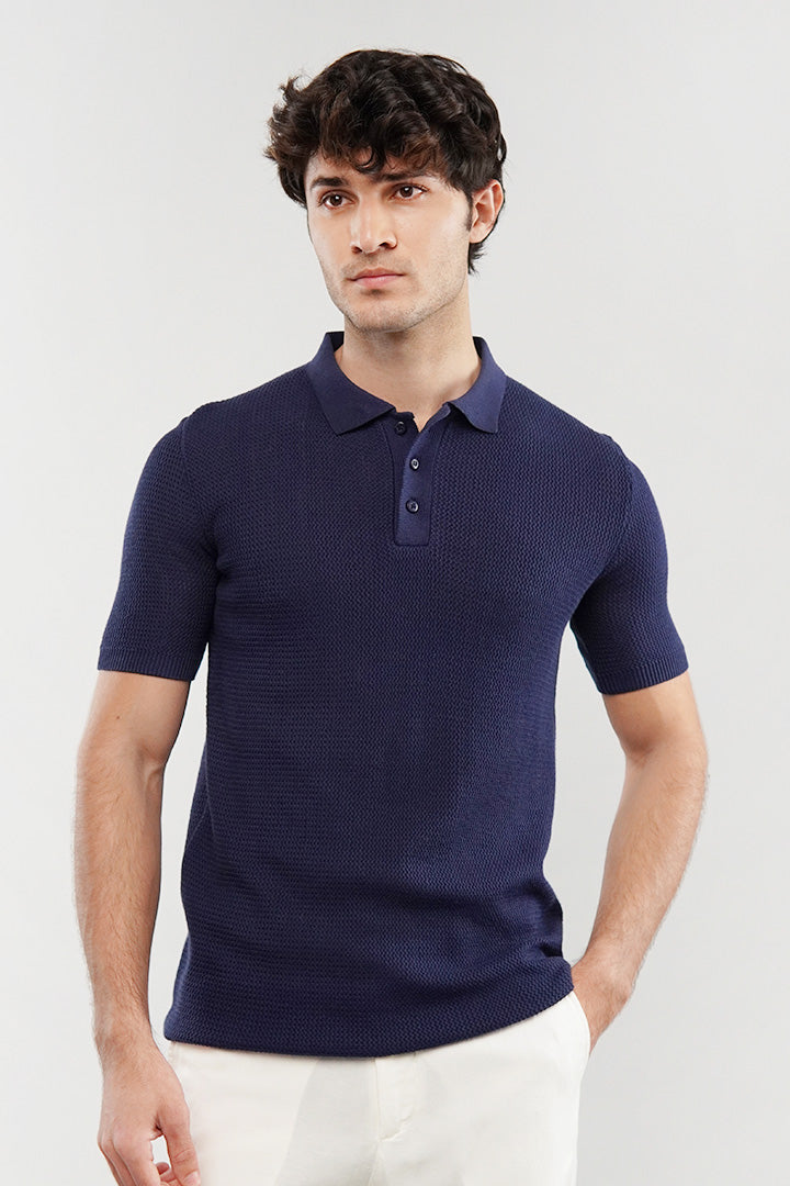 Knitted Polo Shirt - Navy Blue